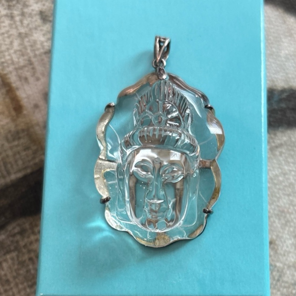 Vtg Clear Rock Crystal Quartz Carved Guanyin Goddess Sterling Silver Pendant